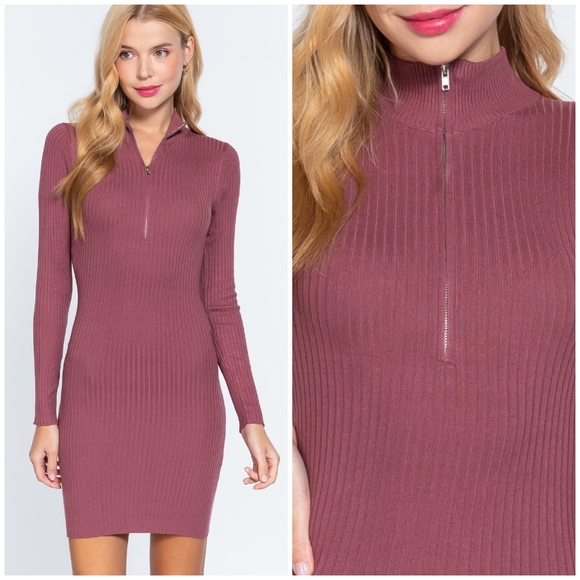 Dark Mauve Sweater Ribbed Fitted Long Sleeves Dress - Picture 5 of 7